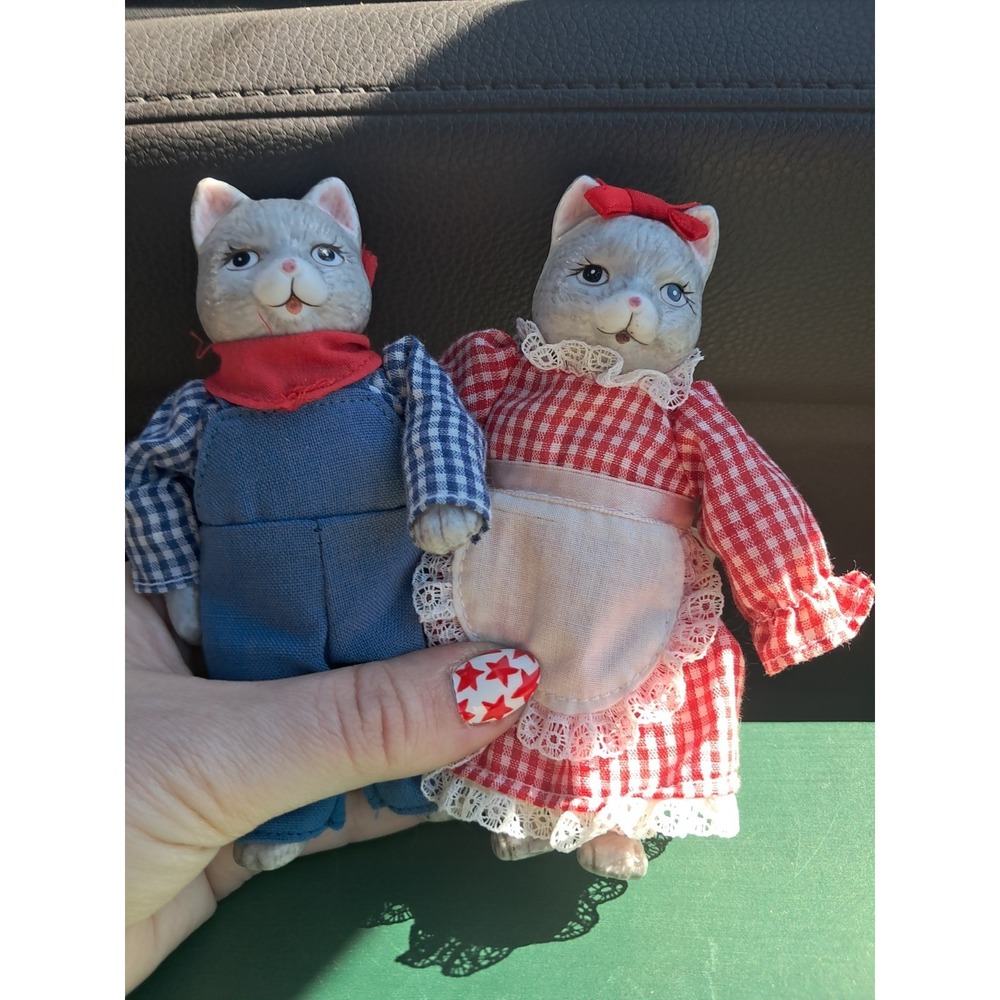 Vtg Set of 2 Country Cat Dolls Plaid Outfits Bisque Heads Soft Fabric Bodies